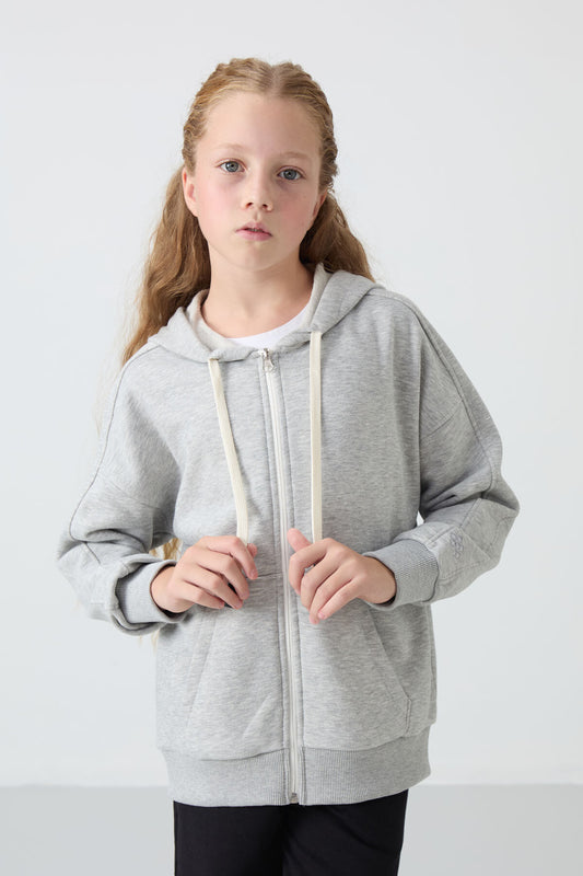 Grey Melange Cotton Fleece-Lined Soft Textured Standard Fit Embroidered Girls' Sweatshirt - 75149