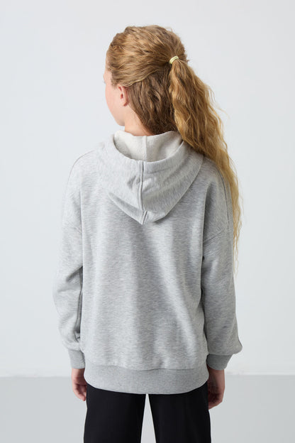 Grey Melange Cotton Fleece-Lined Soft Textured Standard Fit Embroidered Girls' Sweatshirt - 75149