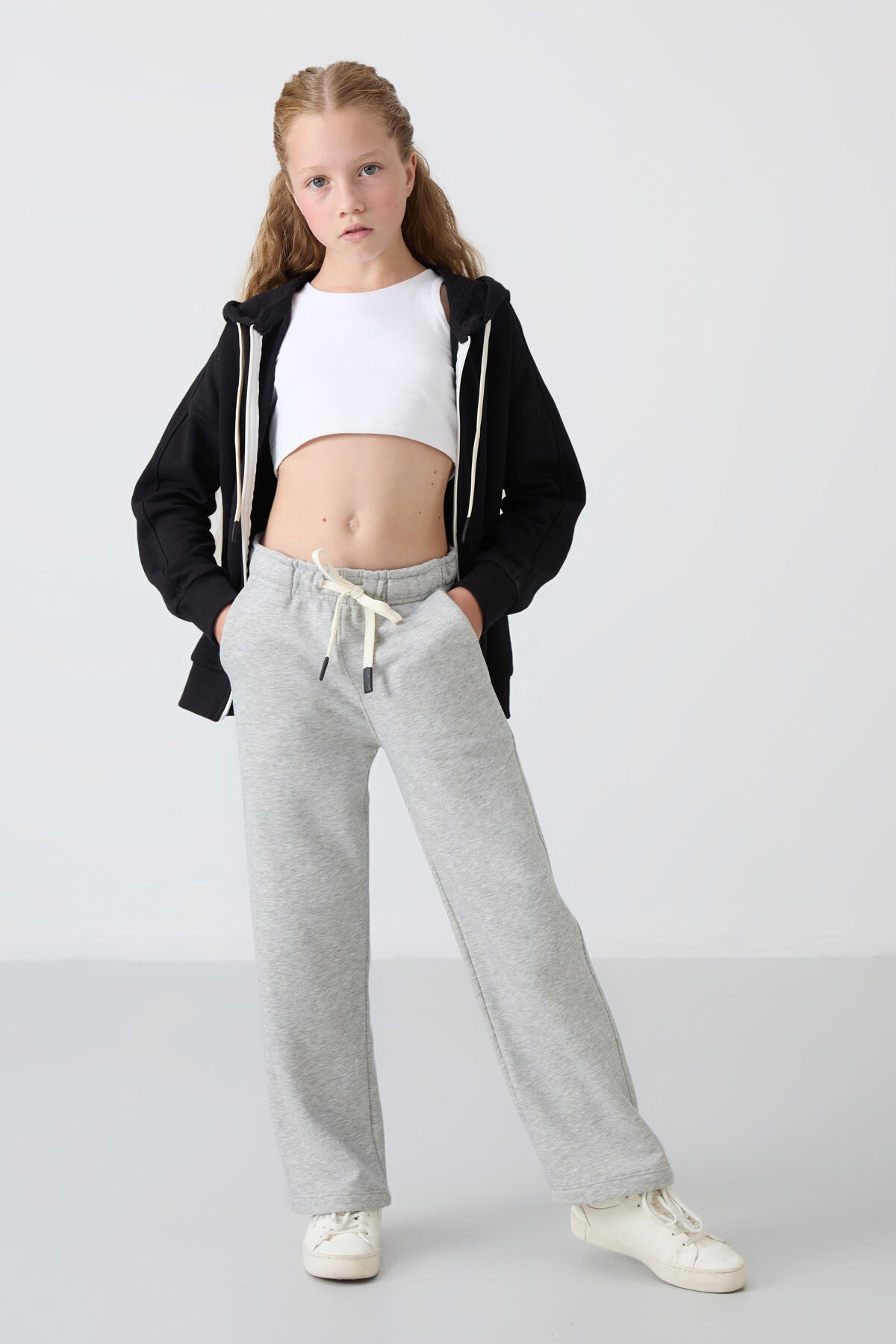 Grey Melange Cotton Fleece-Lined Soft Textured Standard Fit Embroidered Girls' Tracksuit Bottom - 75146