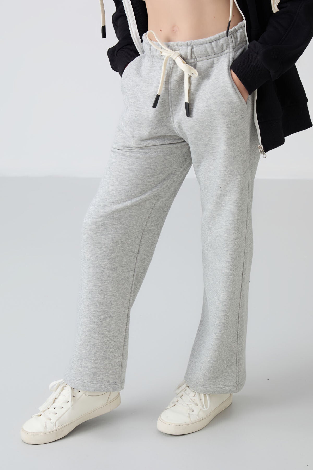 Grey Melange Cotton Fleece-Lined Soft Textured Standard Fit Embroidered Girls' Tracksuit Bottom - 75146