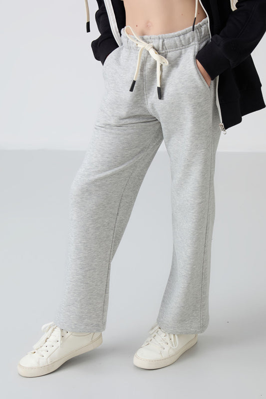 Grey Melange Cotton Fleece-Lined Soft Textured Standard Fit Embroidered Girls' Tracksuit Bottom - 75146
