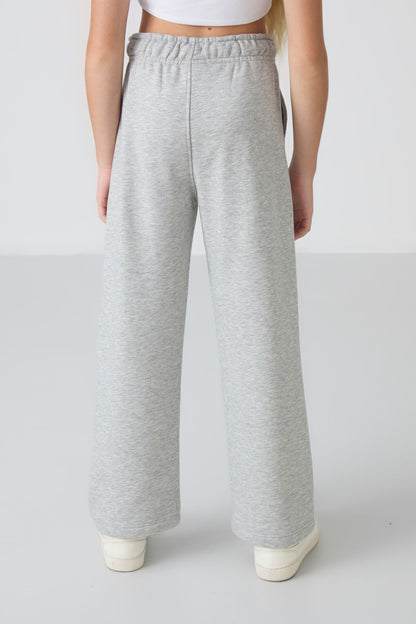 Grey Melange Cotton Fleece-Lined Soft Textured Standard Fit Embroidered Girls' Tracksuit Bottom - 75146