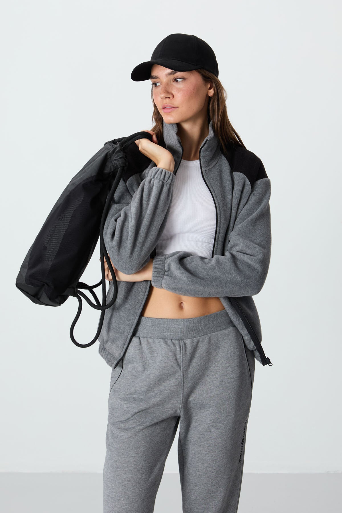 Grey Melange Thick Soft Textured High Collar Oversize Embroidered Fleece Women's Sweatshirt - 97293