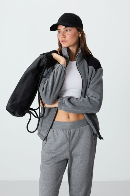 Grey Melange Thick Soft Textured High Collar Oversize Embroidered Fleece Women's Sweatshirt - 97293