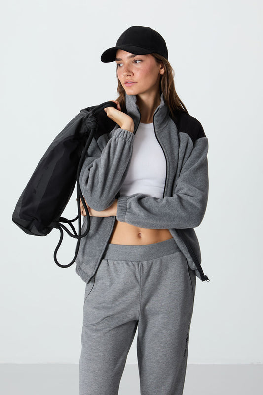 Grey Melange Thick Soft Textured High Collar Oversize Embroidered Fleece Women's Sweatshirt - 97293