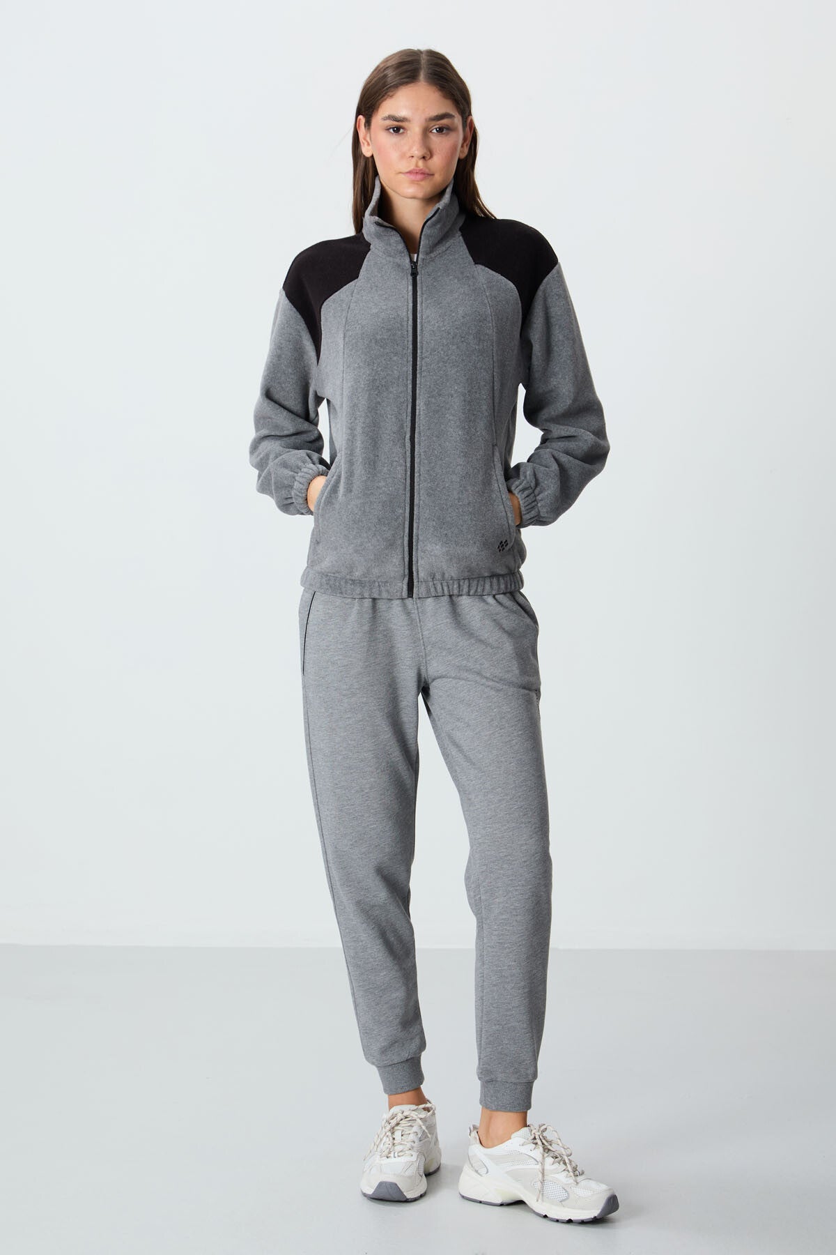 Grey Melange Thick Soft Textured High Collar Oversize Embroidered Fleece Women's Sweatshirt - 97293