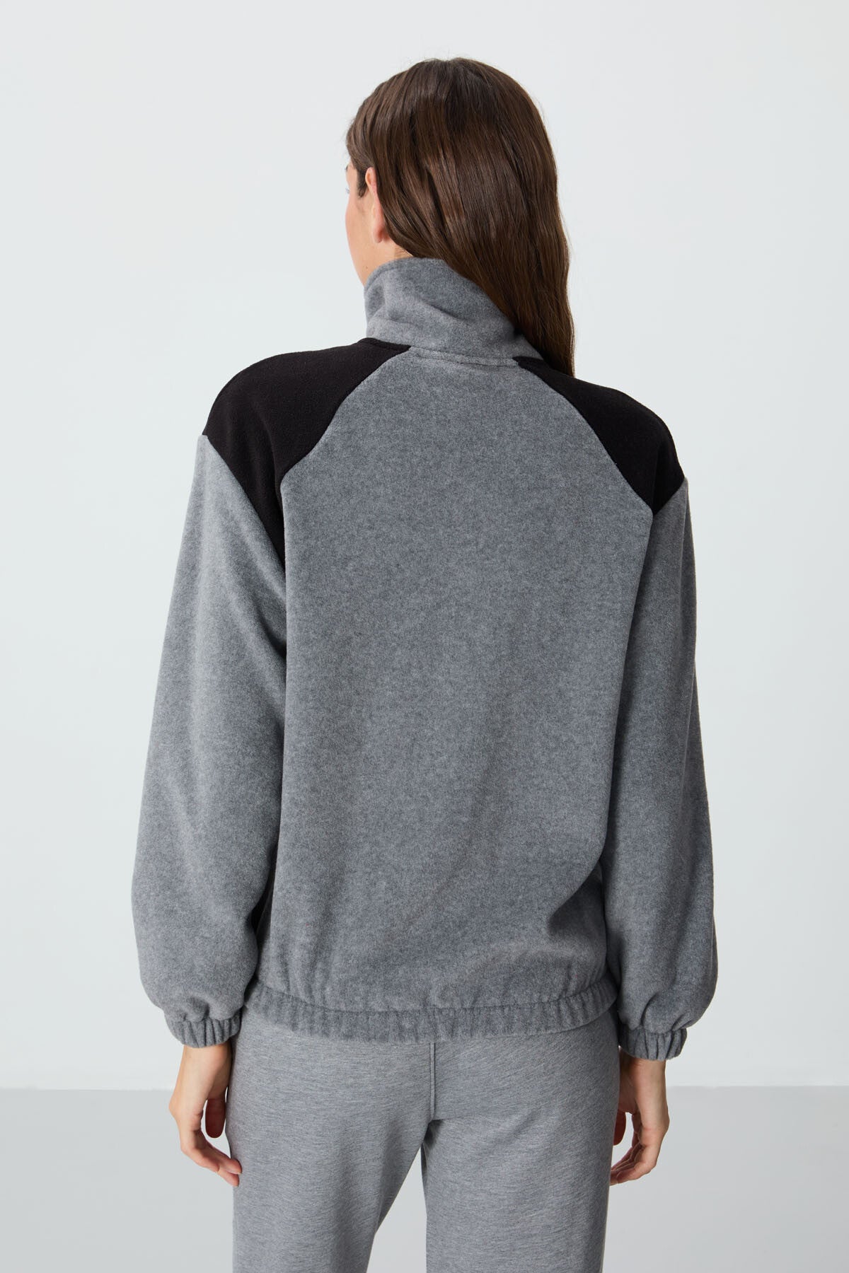 Grey Melange Thick Soft Textured High Collar Oversize Embroidered Fleece Women's Sweatshirt - 97293