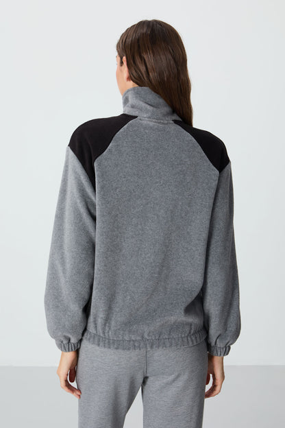 Grey Melange Thick Soft Textured High Collar Oversize Embroidered Fleece Women's Sweatshirt - 97293