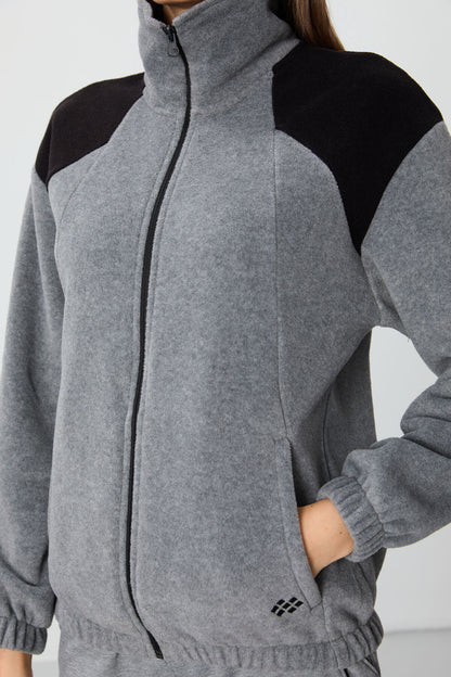 Grey Melange Thick Soft Textured High Collar Oversize Embroidered Fleece Women's Sweatshirt - 97293