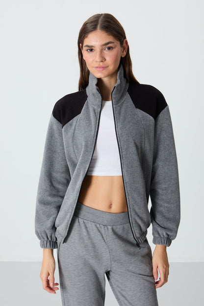 Grey Melange Thick Soft Textured High Collar Oversize Embroidered Fleece Women's Sweatshirt - 97293