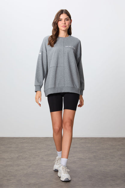 Grey Melange Compact Cotton Thick Smooth Textured O Collar Oversize Fit Women's Sweatshirt - 97288