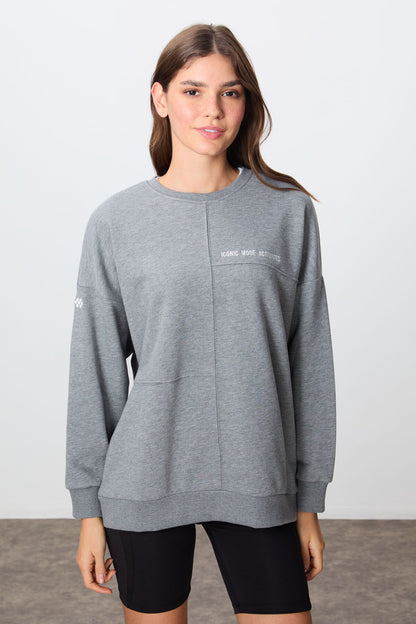 Grey Melange Compact Cotton Thick Smooth Textured O Collar Oversize Fit Women's Sweatshirt - 97288