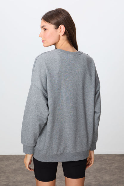 Grey Melange Compact Cotton Thick Smooth Textured O Collar Oversize Fit Women's Sweatshirt - 97288
