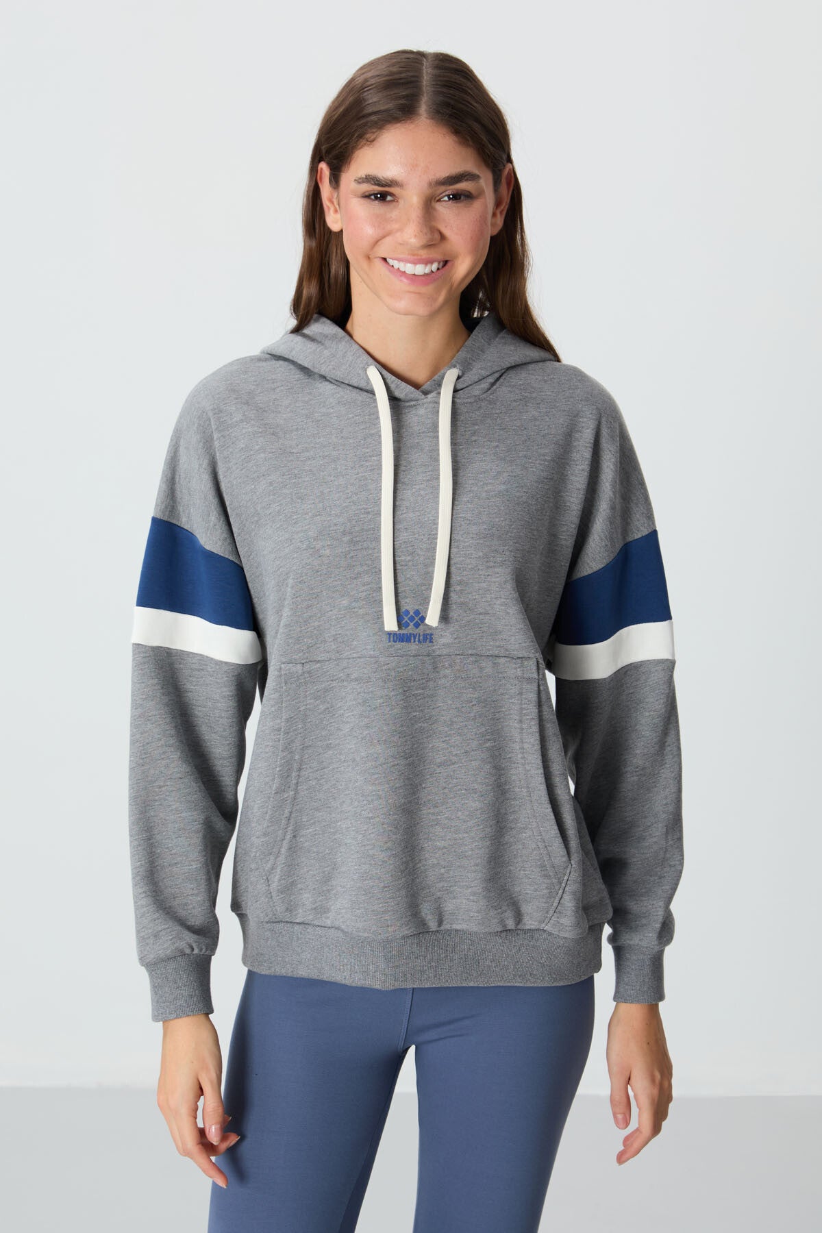 Grey Melange Compact Cotton Thick Smooth Textured Hooded Oversize Fit Women's Sweatshirt - 97290