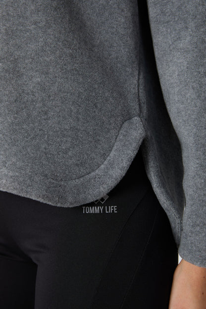 Grey Melange Thick Soft Textured Hooded Oversize Embroidered Fleece Women's Sweatshirt -97286