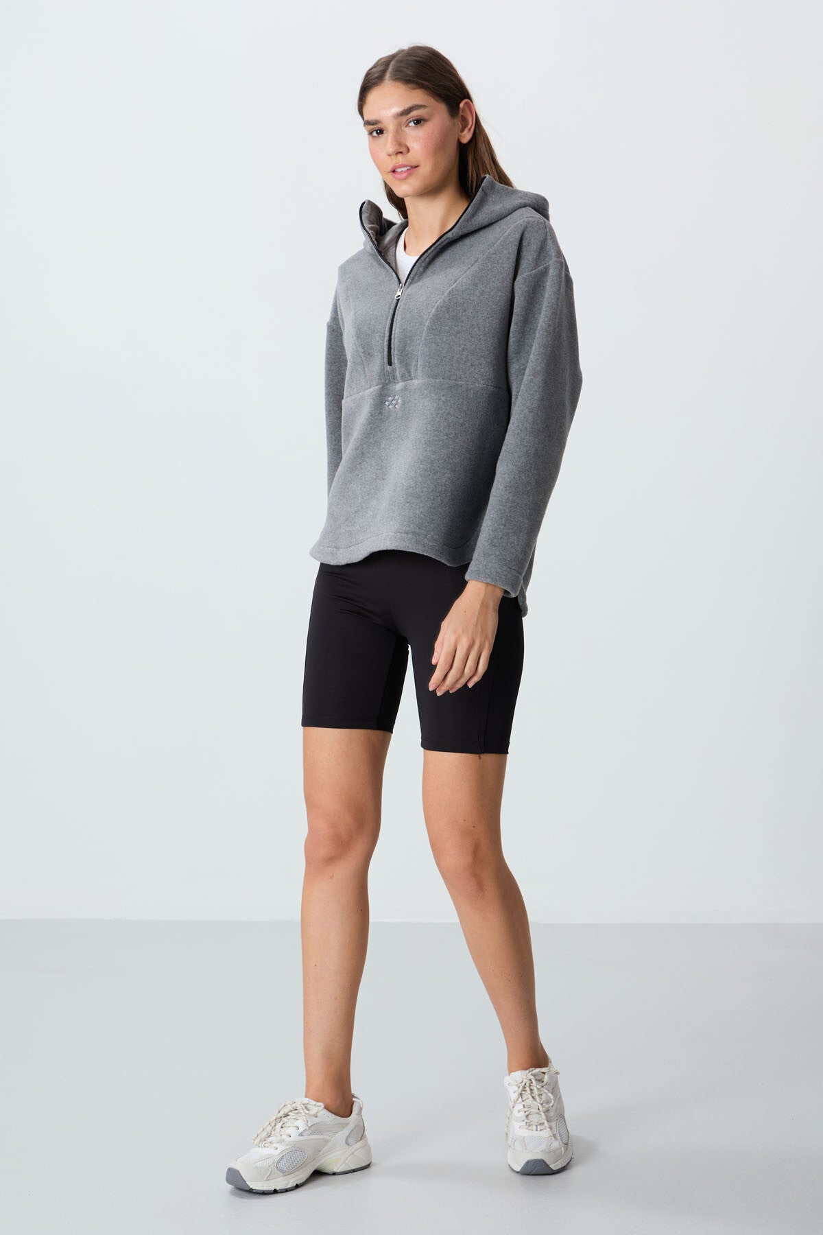 Grey Melange Thick Soft Textured Hooded Oversize Embroidered Fleece Women's Sweatshirt -97286