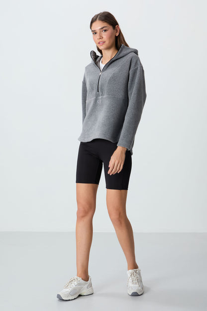 Grey Melange Thick Soft Textured Hooded Oversize Embroidered Fleece Women's Sweatshirt -97286