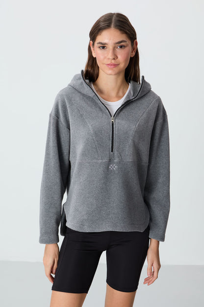 Grey Melange Thick Soft Textured Hooded Oversize Embroidered Fleece Women's Sweatshirt -97286