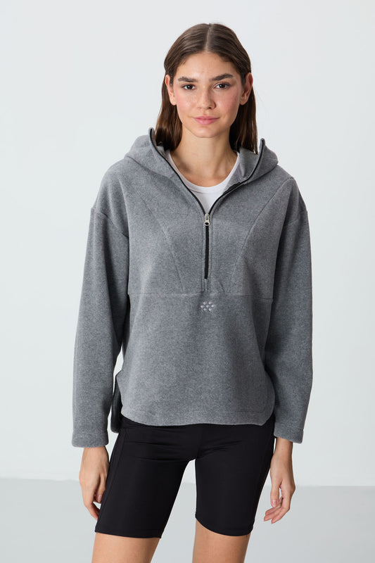 Grey Melange Thick Soft Textured Hooded Oversize Embroidered Fleece Women's Sweatshirt -97286