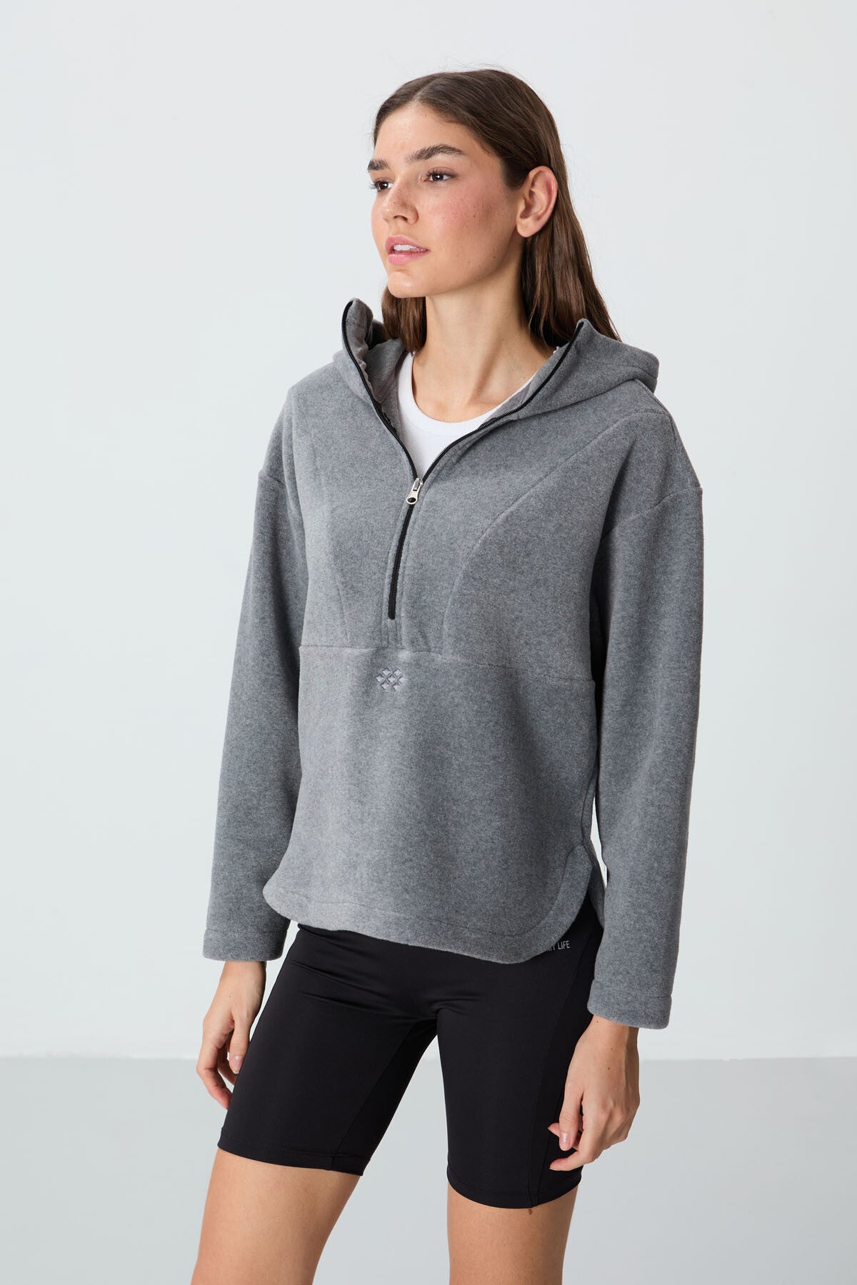 Grey Melange Thick Soft Textured Hooded Oversize Embroidered Fleece Women's Sweatshirt -97286
