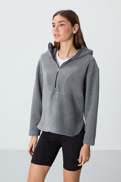 Grey Melange Thick Soft Textured Hooded Oversize Embroidered Fleece Women's Sweatshirt -97286