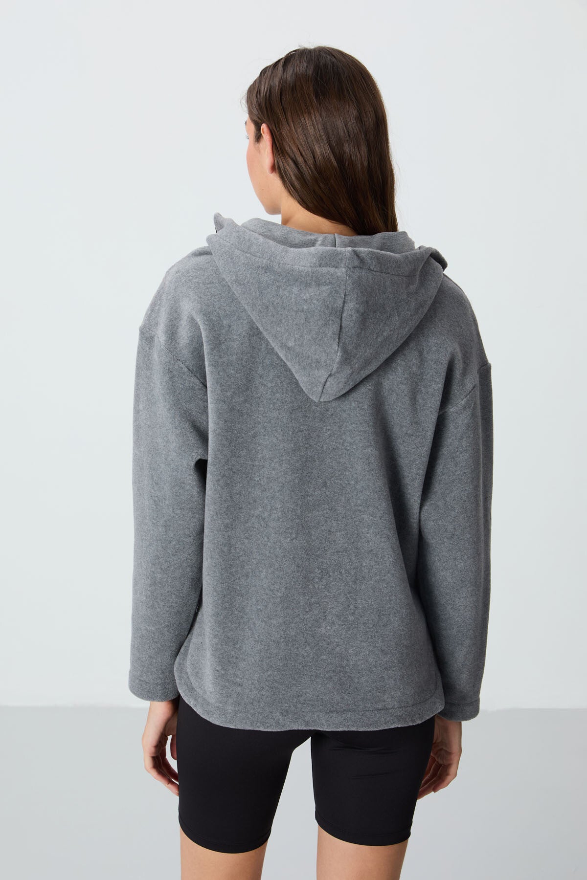 Grey Melange Thick Soft Textured Hooded Oversize Embroidered Fleece Women's Sweatshirt -97286