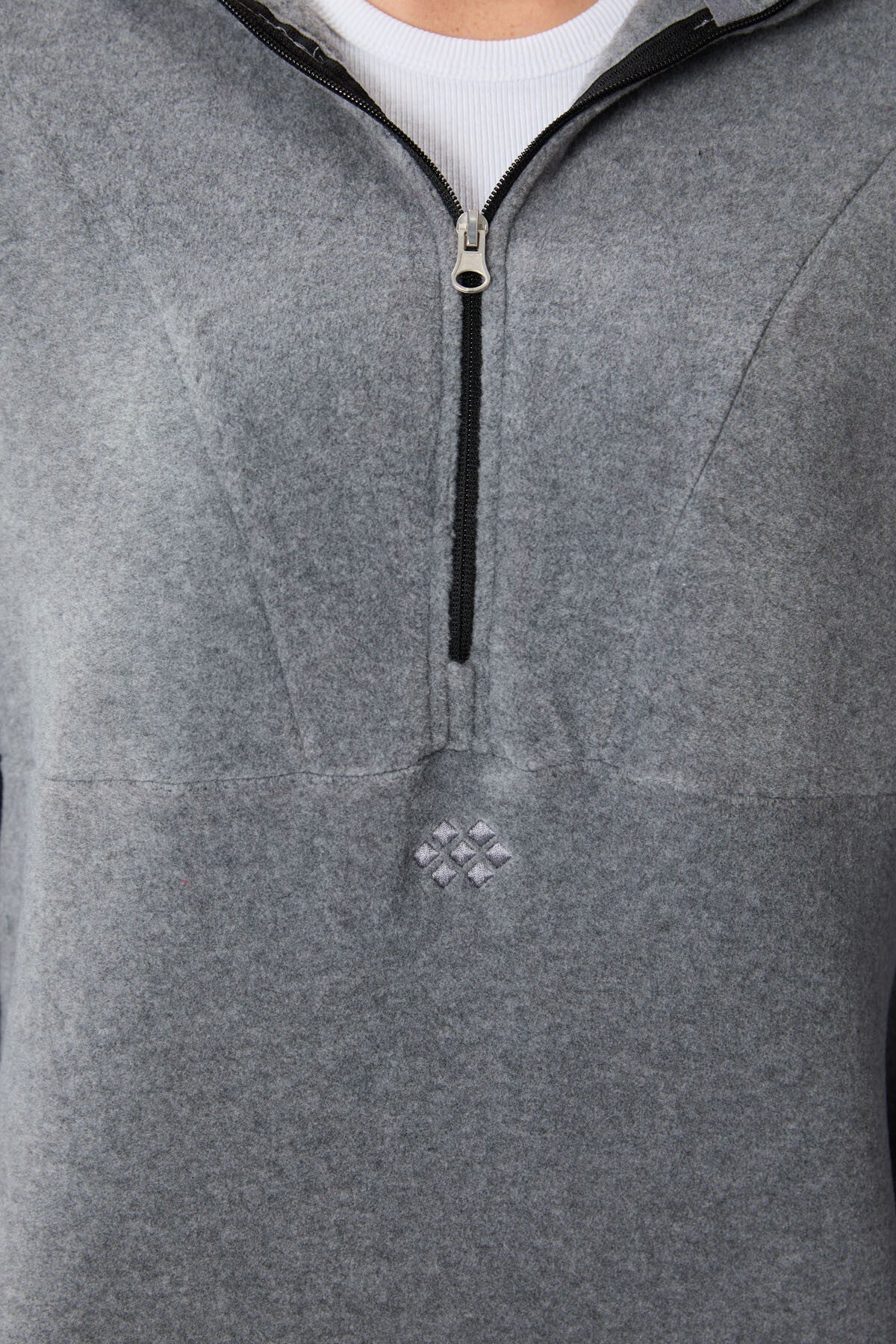 Grey Melange Thick Soft Textured Hooded Oversize Embroidered Fleece Women's Sweatshirt -97286