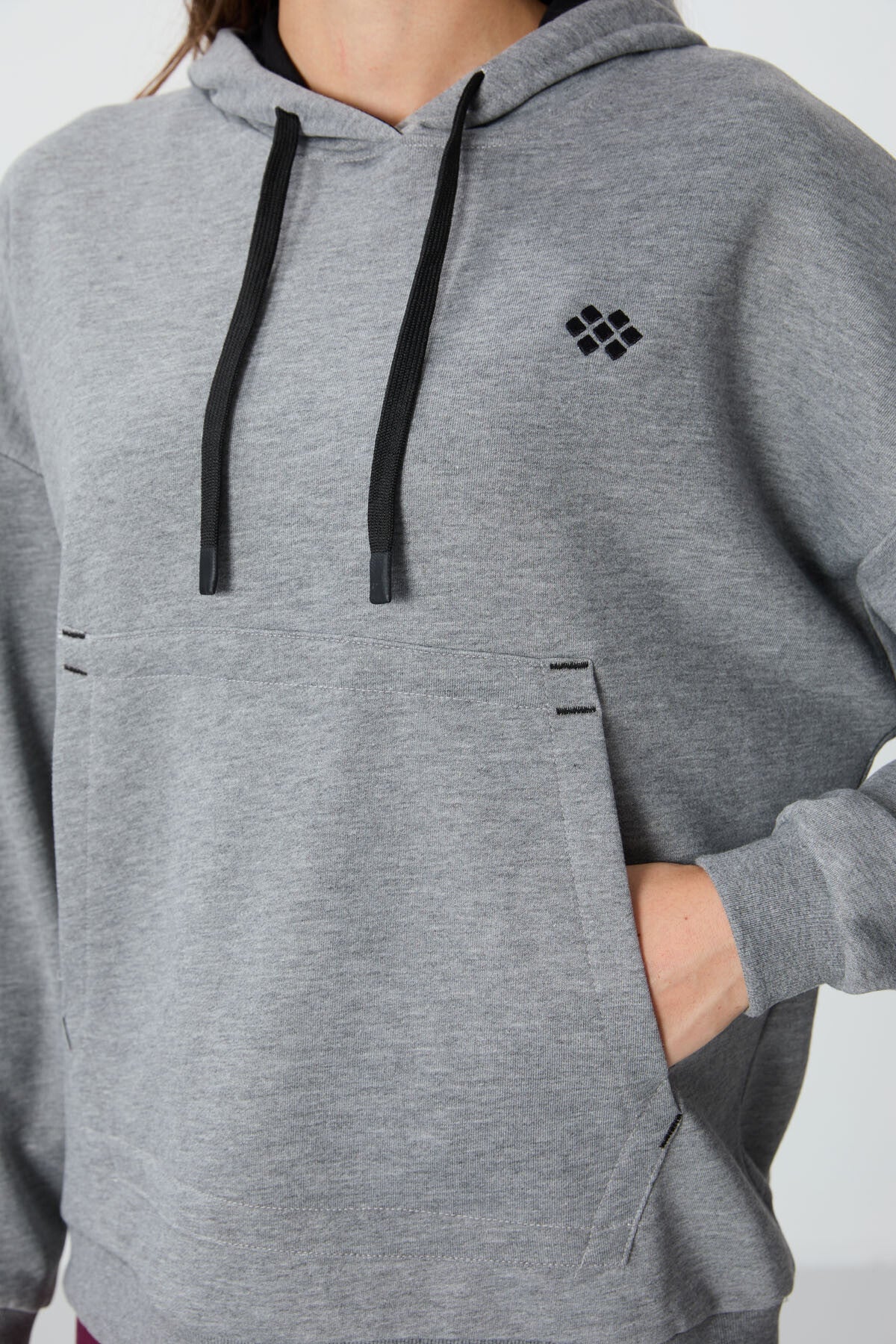 Grey Melange Compact Cotton Thick Smooth Textured Hooded Oversize Fit Women's Sweatshirt - 97291