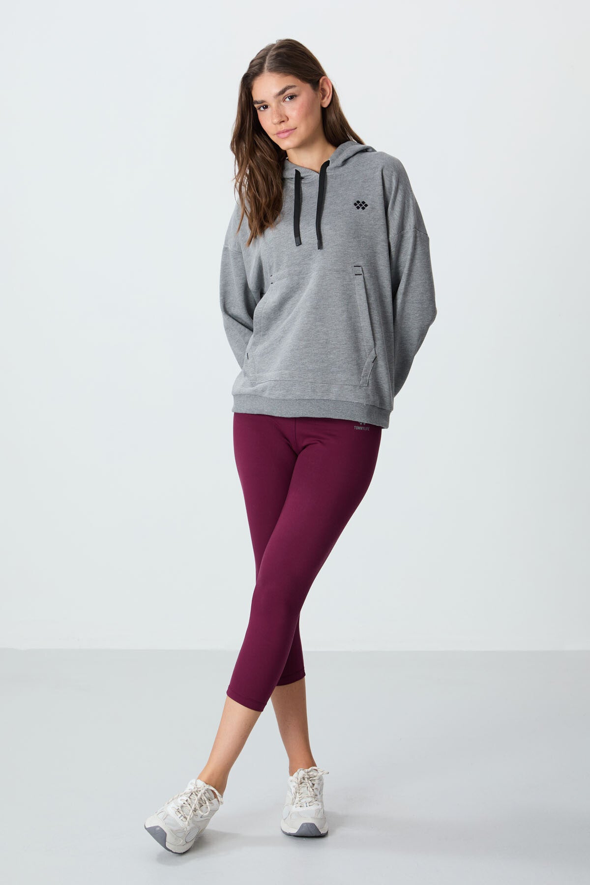 Grey Melange Compact Cotton Thick Smooth Textured Hooded Oversize Fit Women's Sweatshirt - 97291