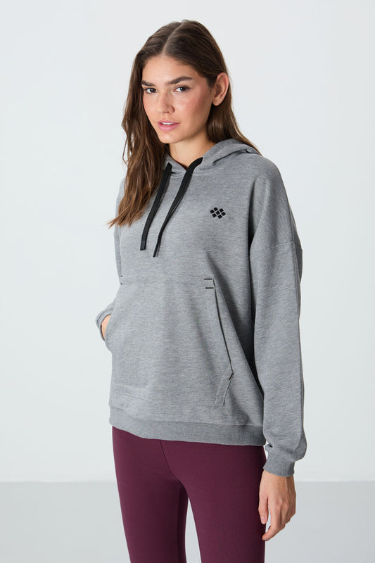 Grey Melange Compact Cotton Thick Smooth Textured Hooded Oversize Fit Women's Sweatshirt - 97291