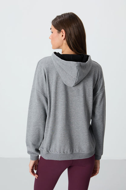 Grey Melange Compact Cotton Thick Smooth Textured Hooded Oversize Fit Women's Sweatshirt - 97291