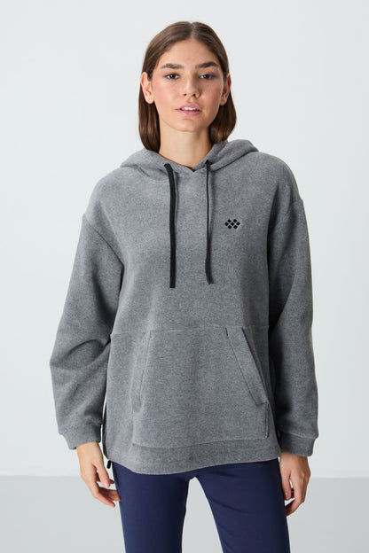 Grey Melange Thick Soft Textured Hooded Oversize Embroidered Fleece Women's Sweatshirt - 97292
