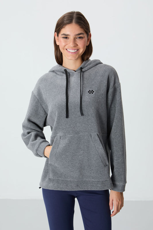 Grey Melange Thick Soft Textured Hooded Oversize Embroidered Fleece Women's Sweatshirt - 97292