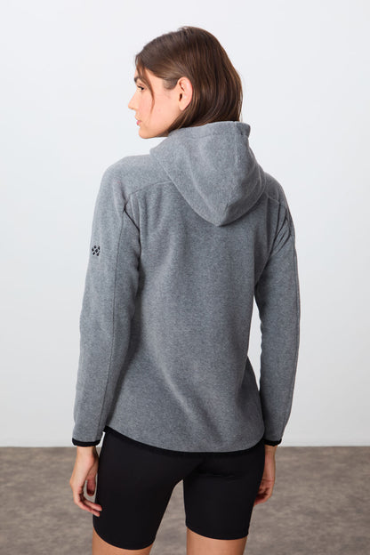Grey Melange Thick Soft Textured Hooded Standard Fit Embroidered Fleece Women's Sweatshirt -97287