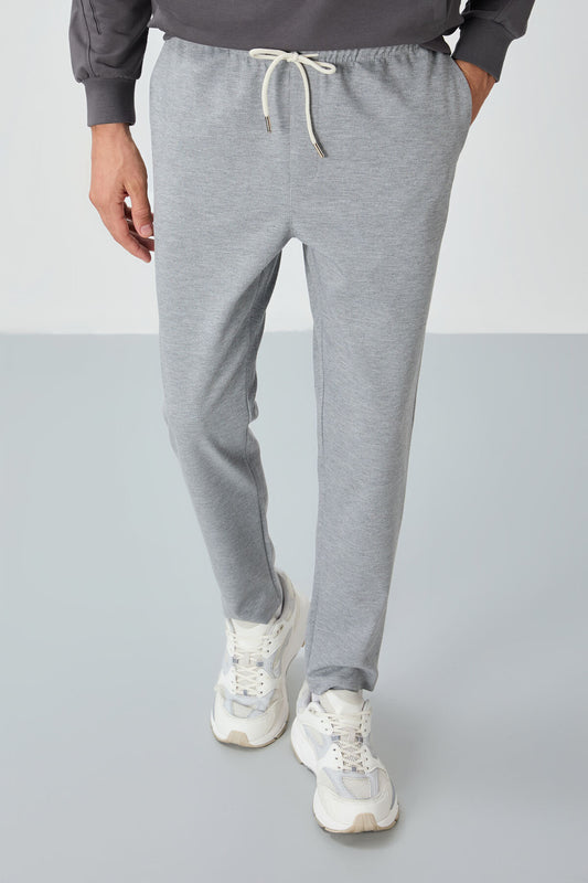Grey Melange Textured Surface Standard Fit Men's Tracksuit Bottom - 82155