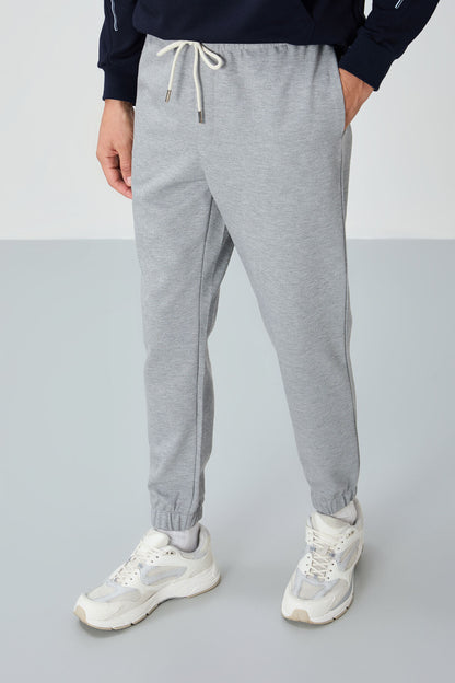 Grey Melange Textured Surface Standard Fit Men's Tracksuit Bottom - 82156