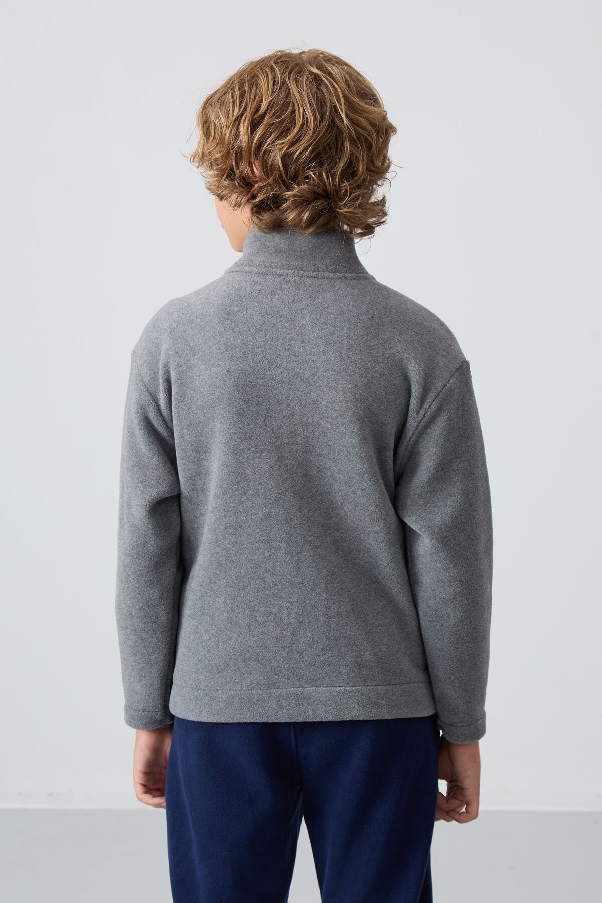 Grey Melange Thick Soft Textured Standard Fit Embroidered Fleece Boys' Sweatshirt - 11223