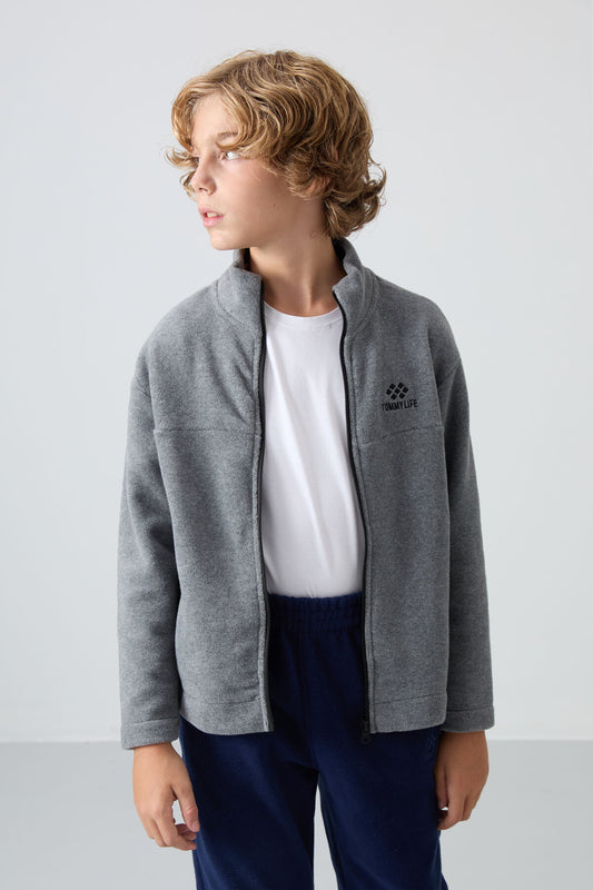 Grey Melange Thick Soft Textured Standard Fit Embroidered Fleece Boys' Sweatshirt - 11223