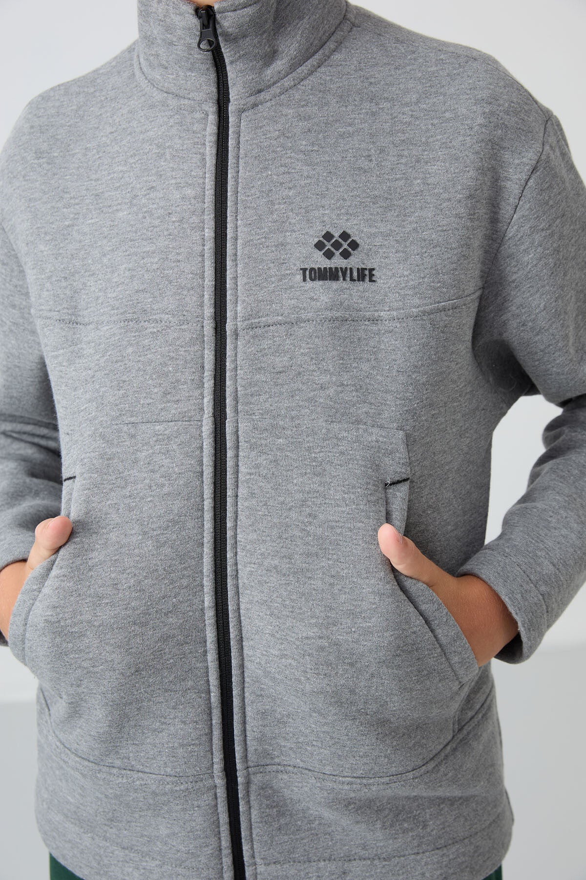 Grey Melange Cotton Thick Fleece-Lined Soft Textured Standard Fit Embroidered Boys' Sweatshirt - 11245