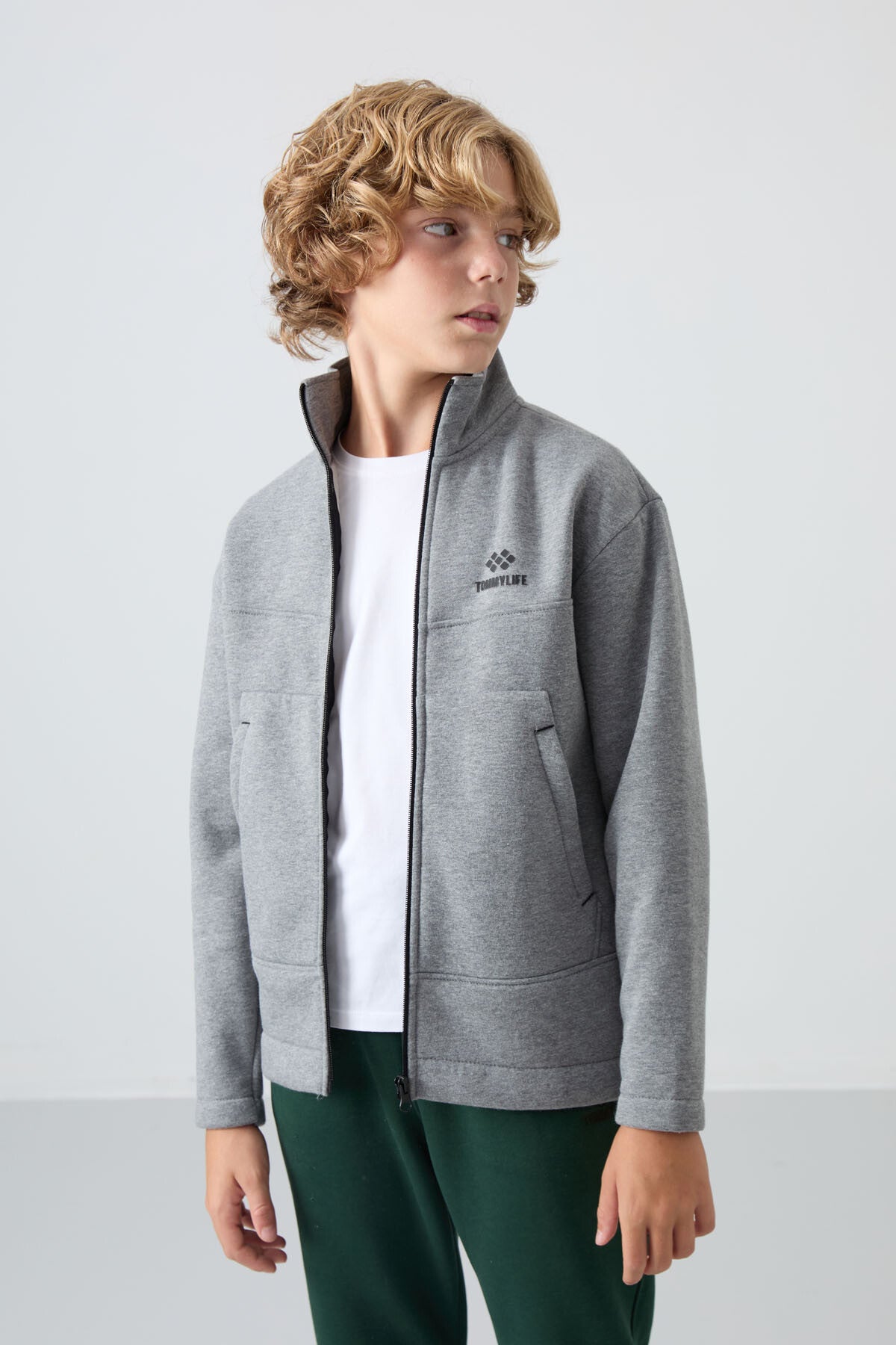 Grey Melange Cotton Thick Fleece-Lined Soft Textured Standard Fit Embroidered Boys' Sweatshirt - 11245
