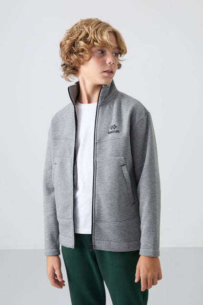 Grey Melange Cotton Thick Fleece-Lined Soft Textured Standard Fit Embroidered Boys' Sweatshirt - 11245