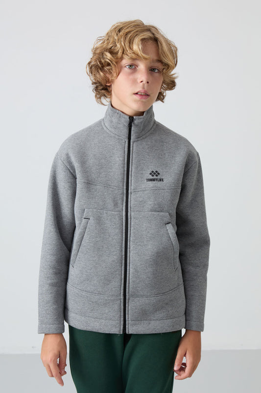 Grey Melange Cotton Thick Fleece-Lined Soft Textured Standard Fit Embroidered Boys' Sweatshirt - 11245