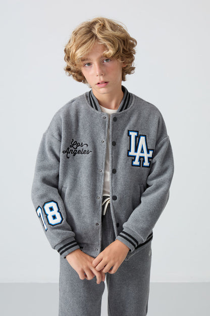 Grey Melange Thick Soft Textured Standard Fit Embroidered Fleece Boys' College Jacket - 11227
