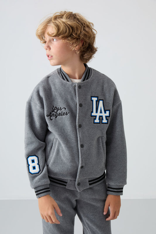 Grey Melange Thick Soft Textured Standard Fit Embroidered Fleece Boys' College Jacket - 11227