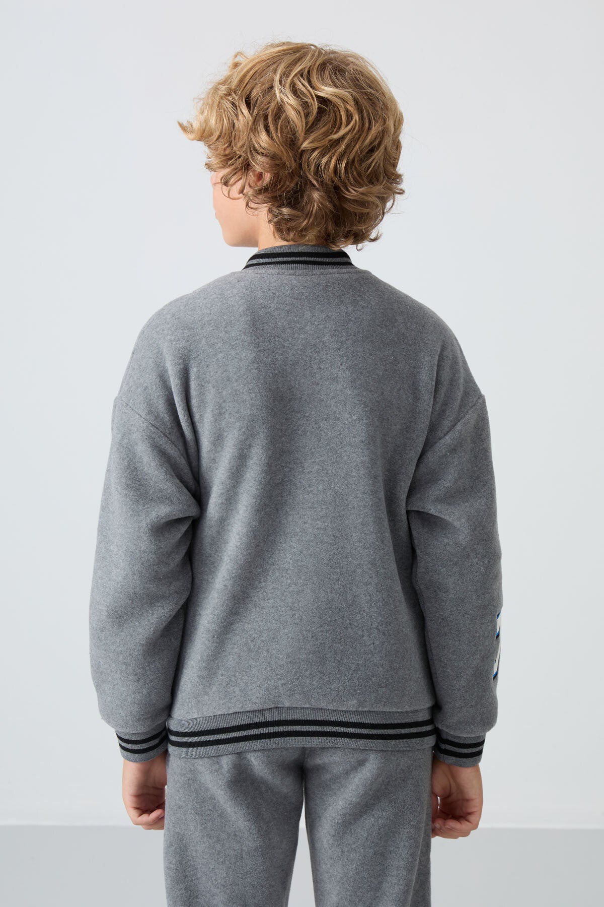 Grey Melange Thick Soft Textured Standard Fit Embroidered Fleece Boys' College Jacket - 11227