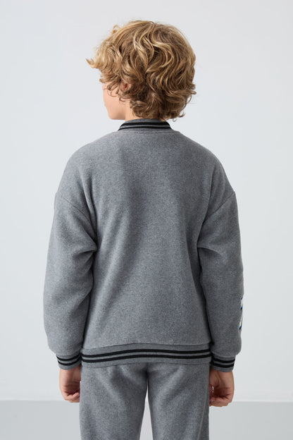 Grey Melange Thick Soft Textured Standard Fit Embroidered Fleece Boys' College Jacket - 11227