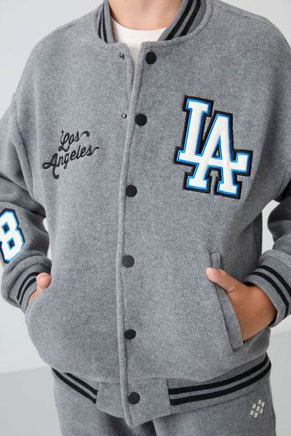 Grey Melange Thick Soft Textured Standard Fit Embroidered Fleece Boys' College Jacket - 11227