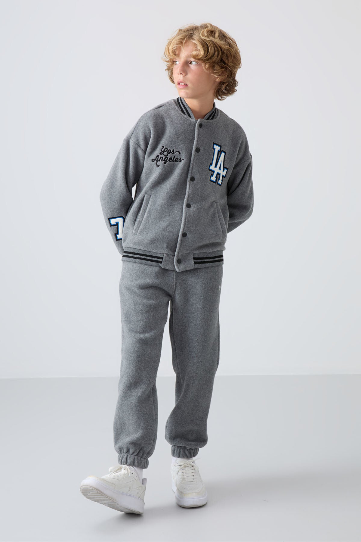 Grey Melange Thick Soft Textured Standard Fit Embroidered Fleece Boys' College Jacket - 11227