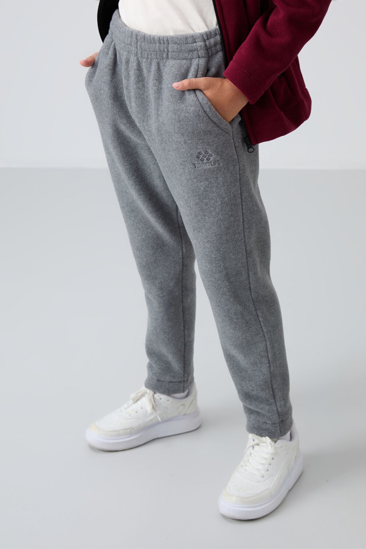 Grey Melange Thick Soft Textured Standard Fit Embroidered Fleece Boys' Tracksuit Bottom - 11219