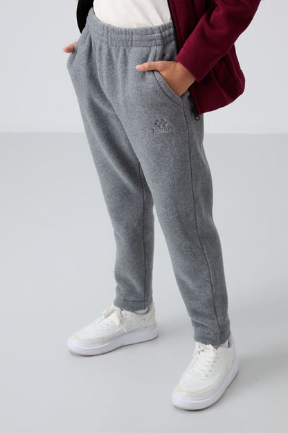 Grey Melange Thick Soft Textured Standard Fit Embroidered Fleece Boys' Tracksuit Bottom - 11219